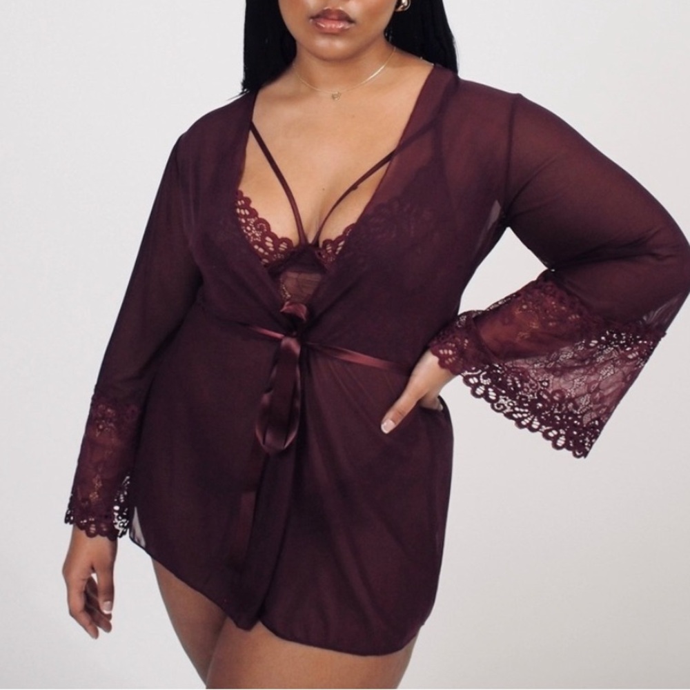 Sheer Lace Trim Robe Set – Burgundy